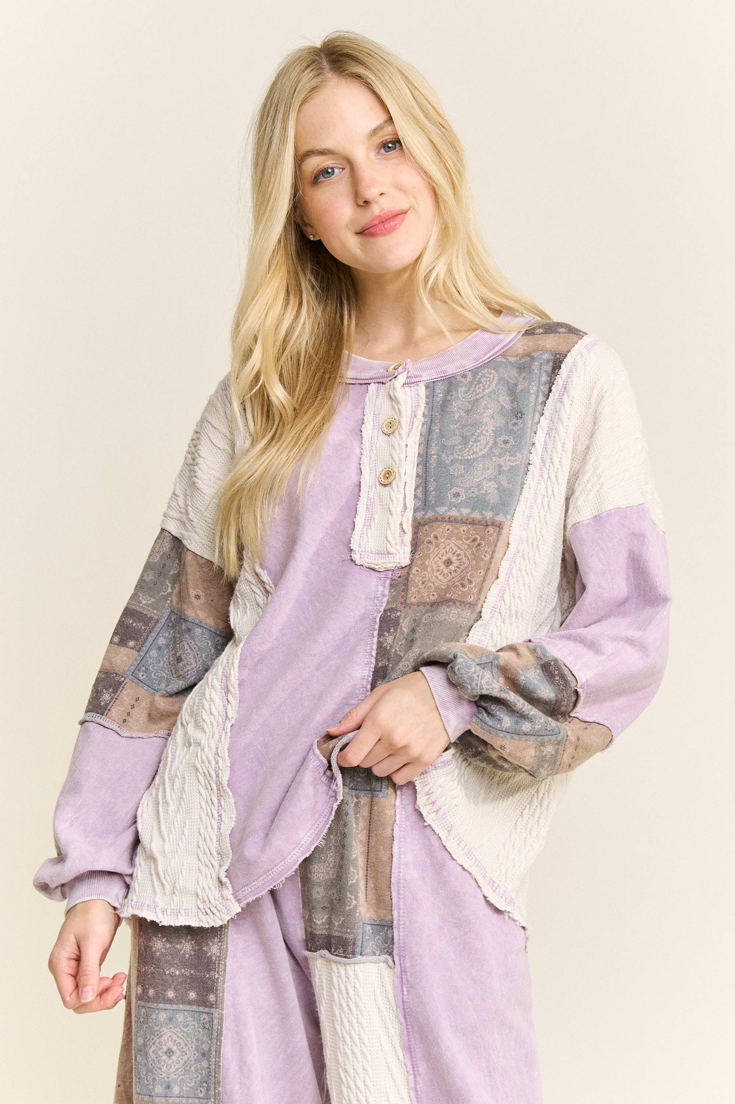 Mineral Washed Bandana Patchwork  Sweater Top