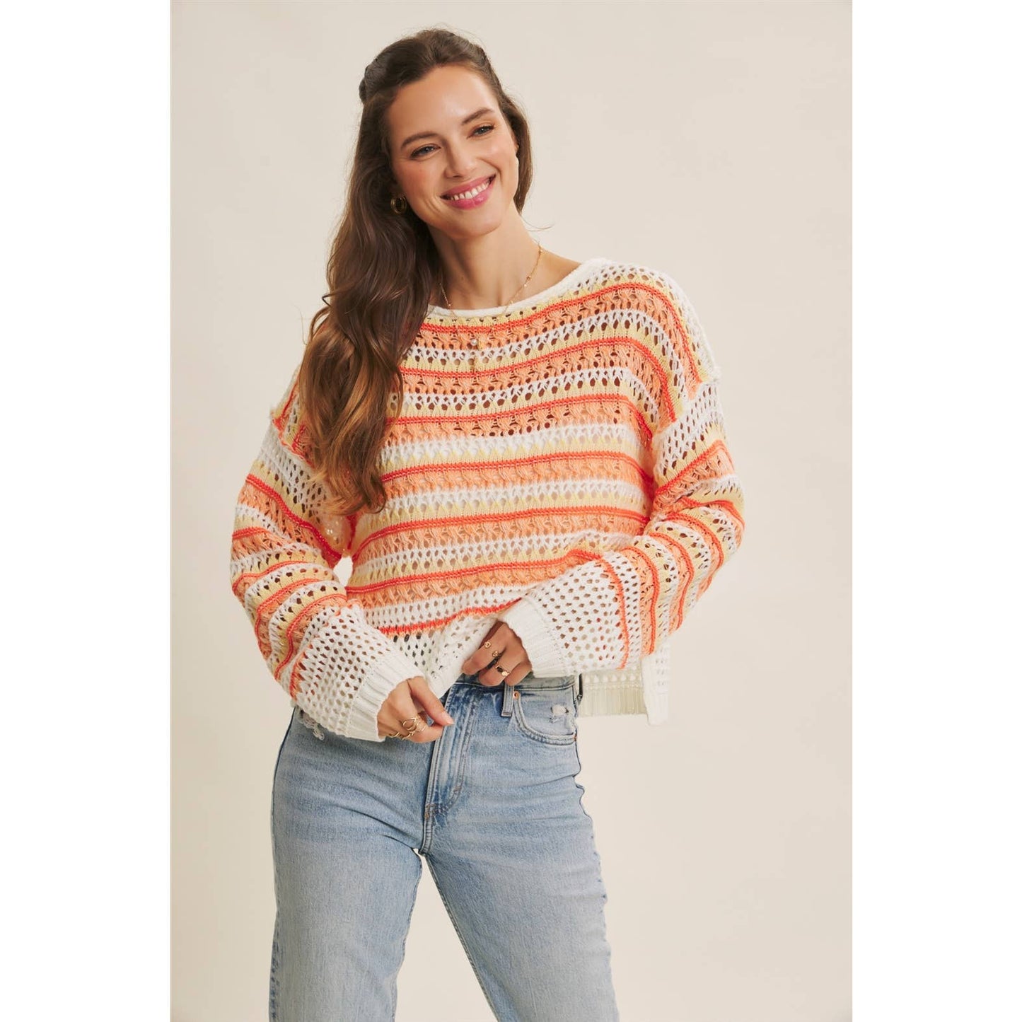 MULTI STRIPE GREEN CROCHET SWEATER TOP