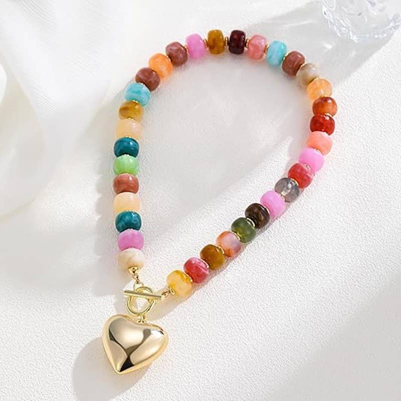 MULTI BEADED HEART CHARM  NECKLACE