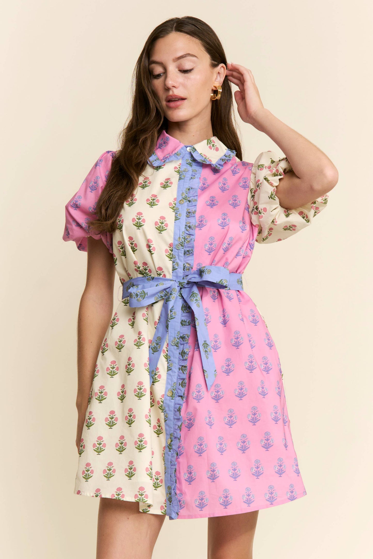 FLORAL PRINT COLOR BLOCK DRESS