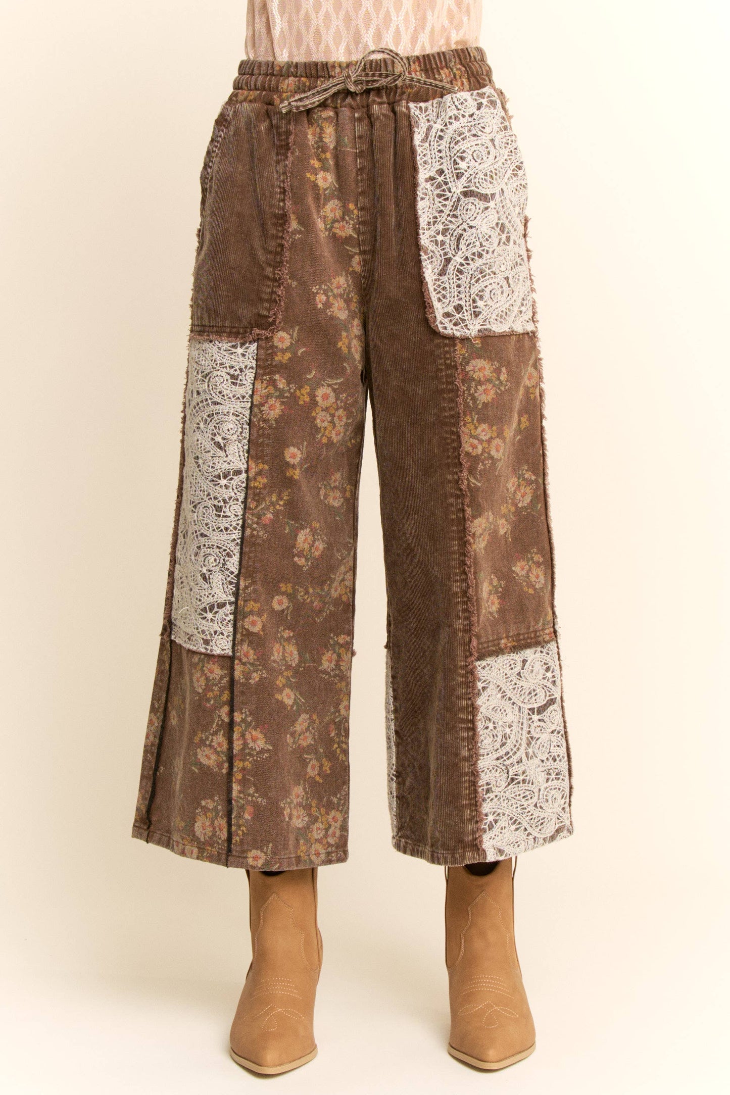 WASHED CORDUROY AND FLOWER DENIM PANTS