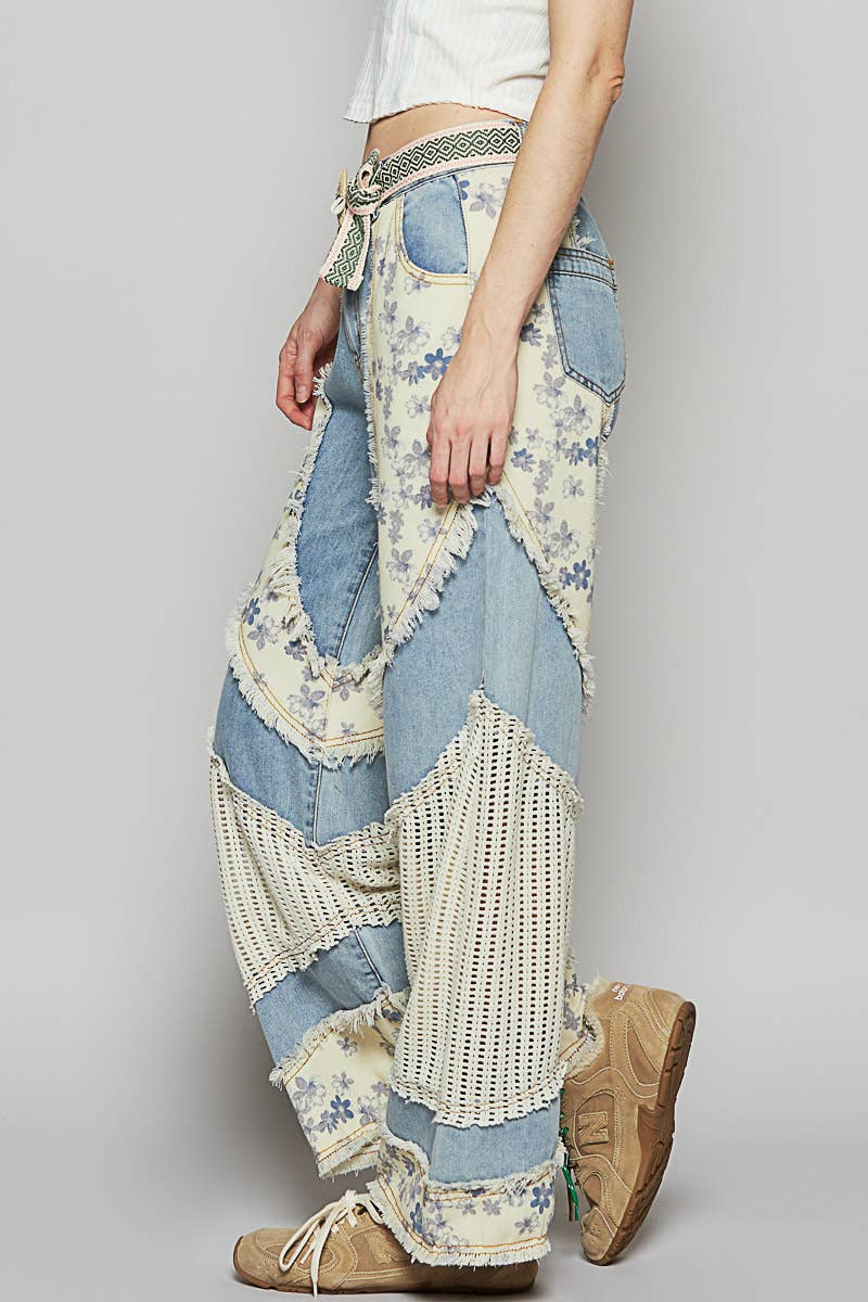 Floral print crochet contrast casual jeans