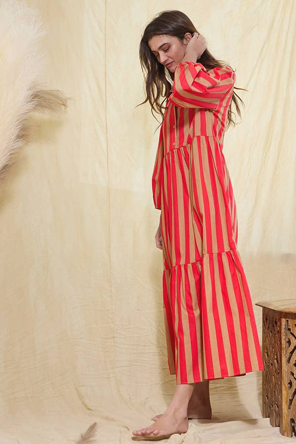 Striped Print Tiered Midi Shirt Dress