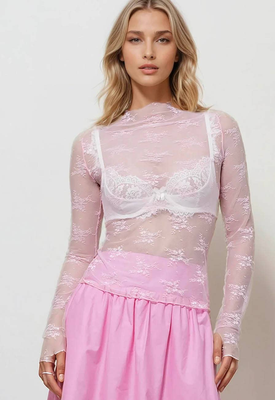 Floral Lace See Through Mesh Top Blouse