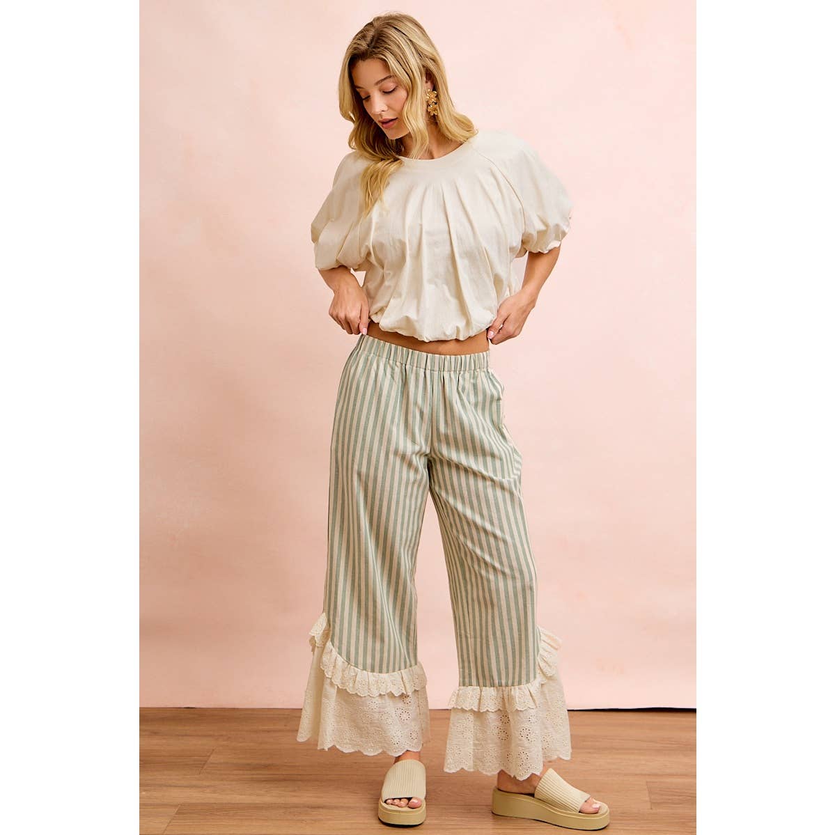 STRIPE WOVEN RUFFLED LACE HEM PANTS WITH SIDE POCKET