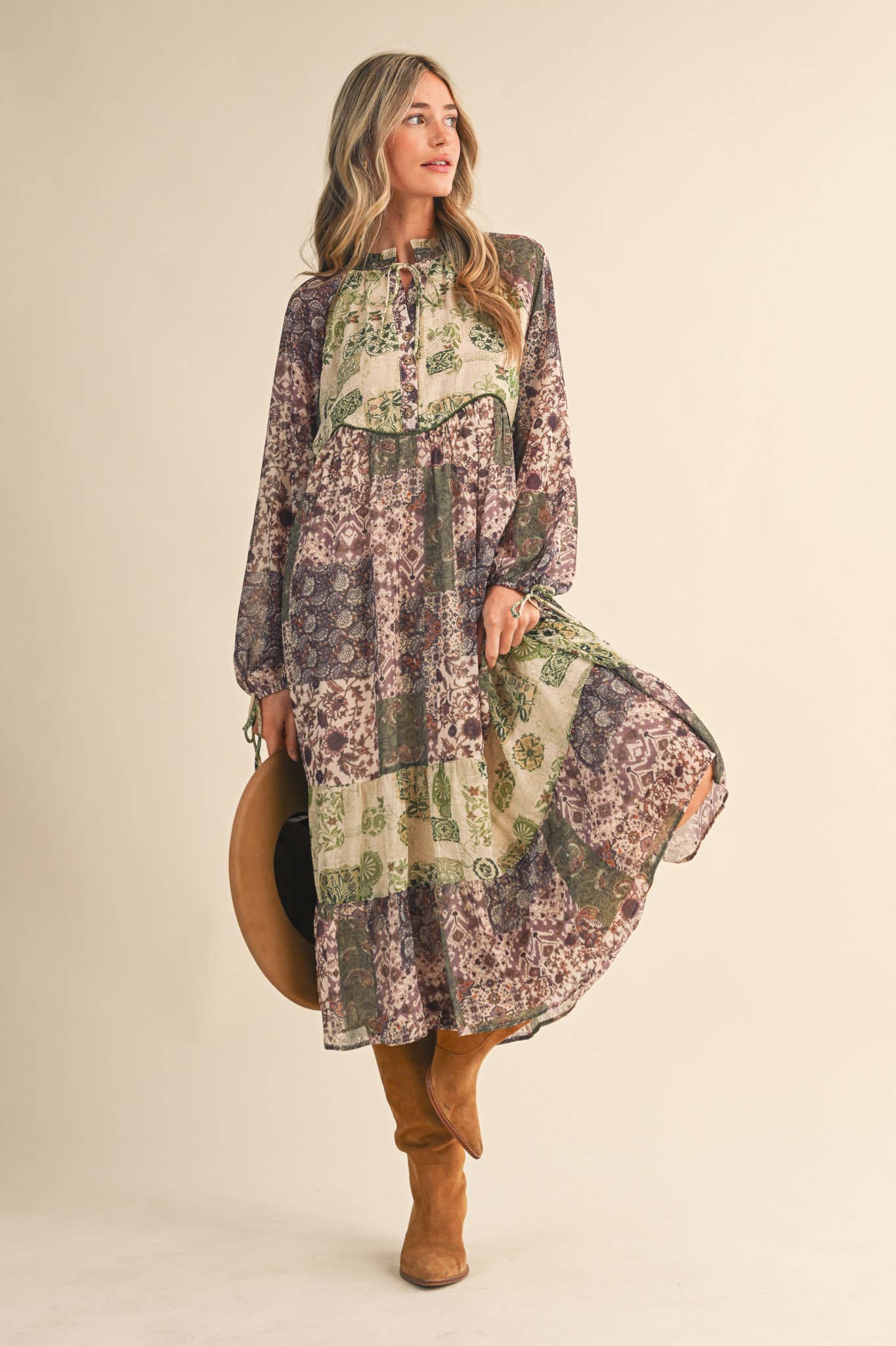 PATCHWORK PRINT MIDI DRESS