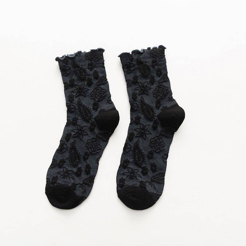 Vintage Embossed Floral Ruffle Cuff Mid Calf Socks