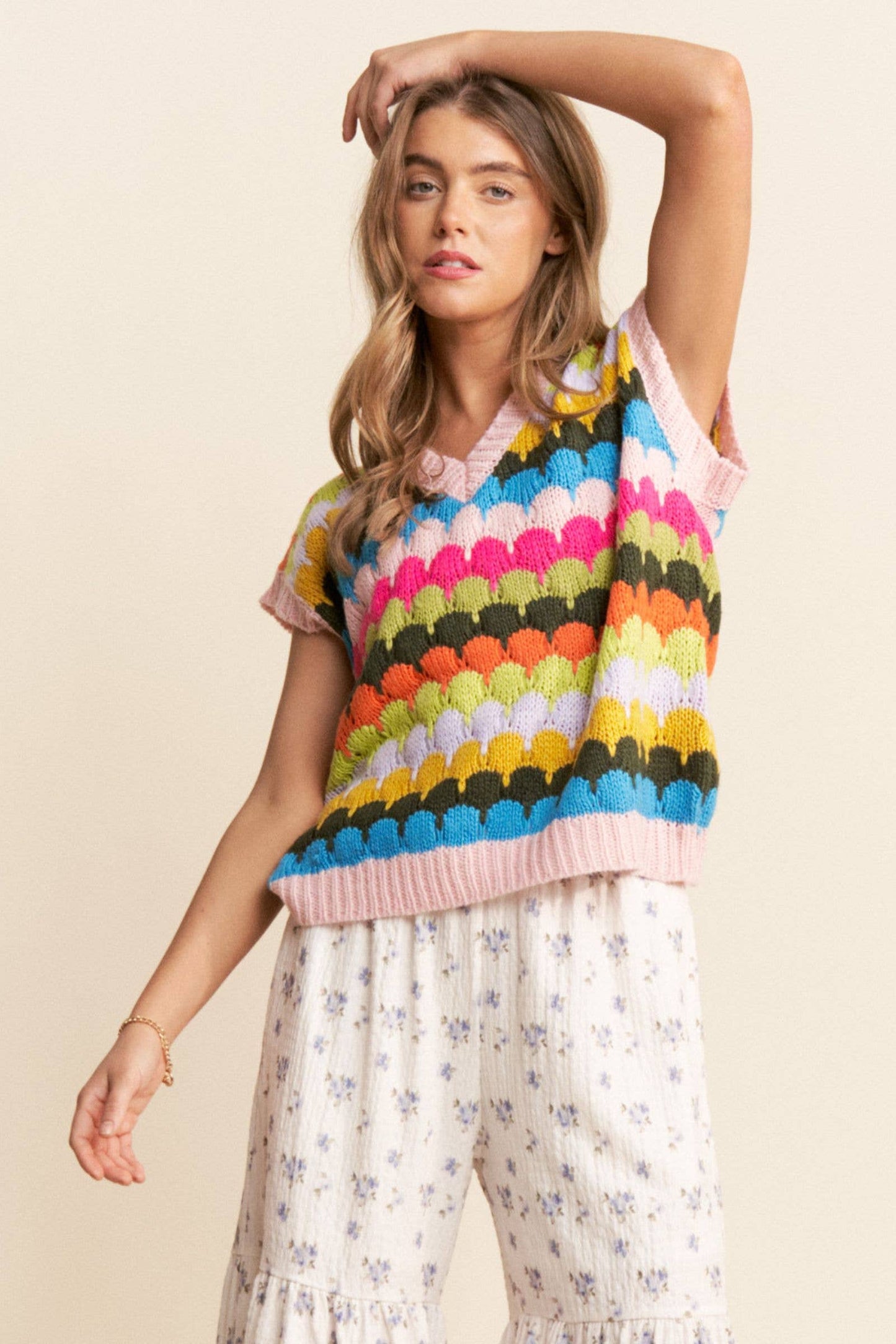 Mulitcolor Fish Scales Design Knit Vest  S-L