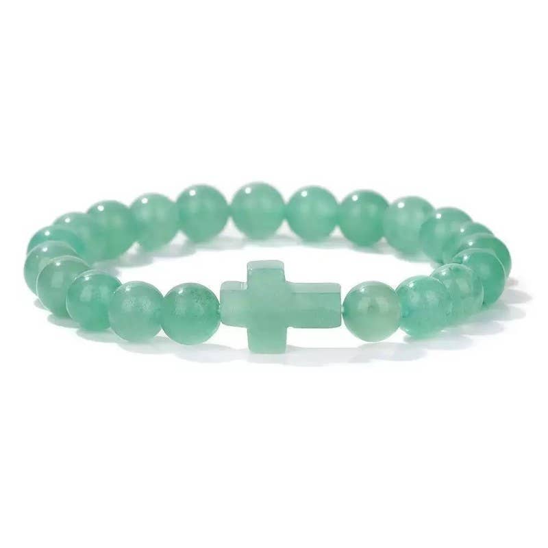 Boho Natural Stone Cross Charm Beaded Bracelet