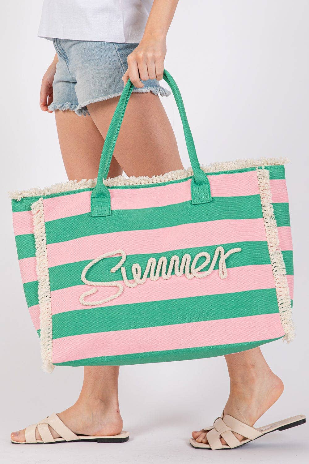 Summer Fringe Striped Tote Bag