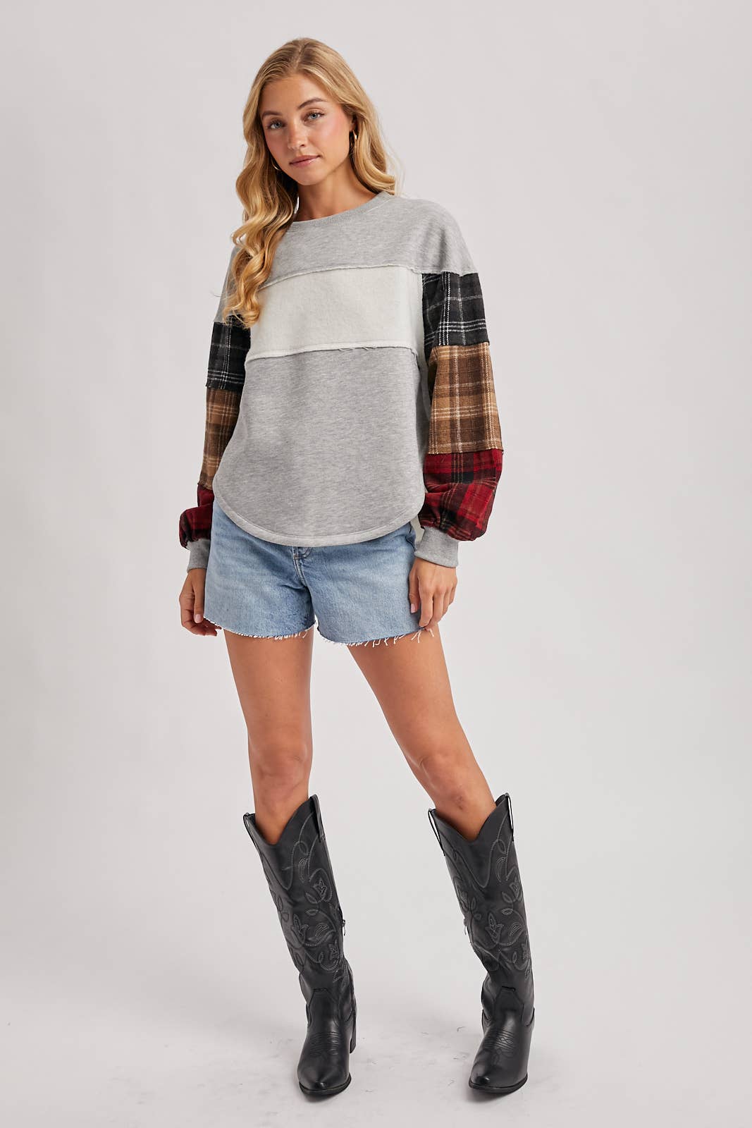 COLOR BLOCK PLAID FLANNEL PATCHED SWEATER