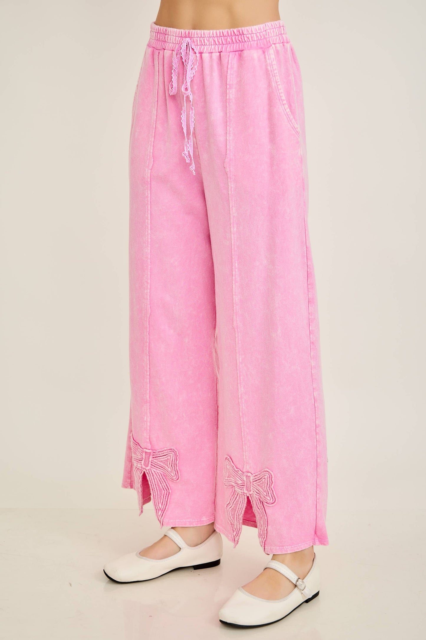 Mineral Washed Cute Bow trim Slit Pants