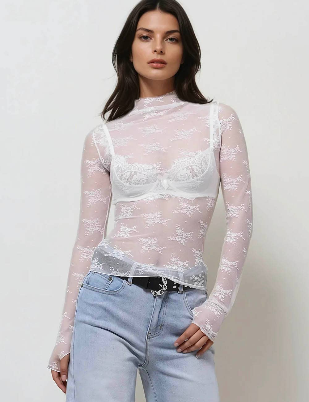 Floral Lace See Through Mesh Top Blouse