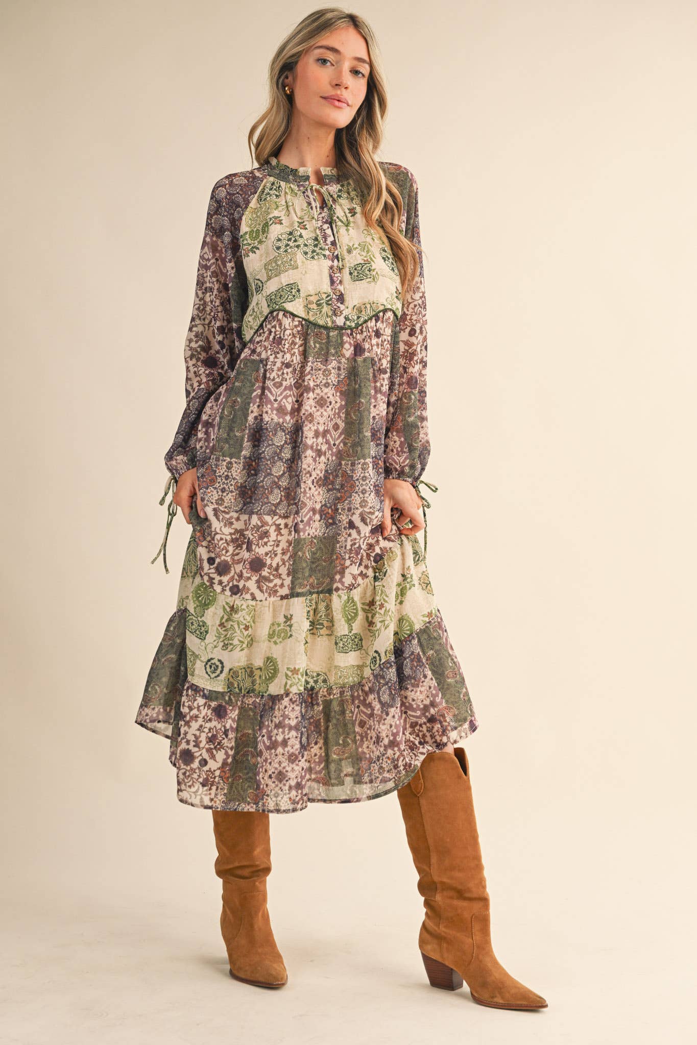 PATCHWORK PRINT MIDI DRESS