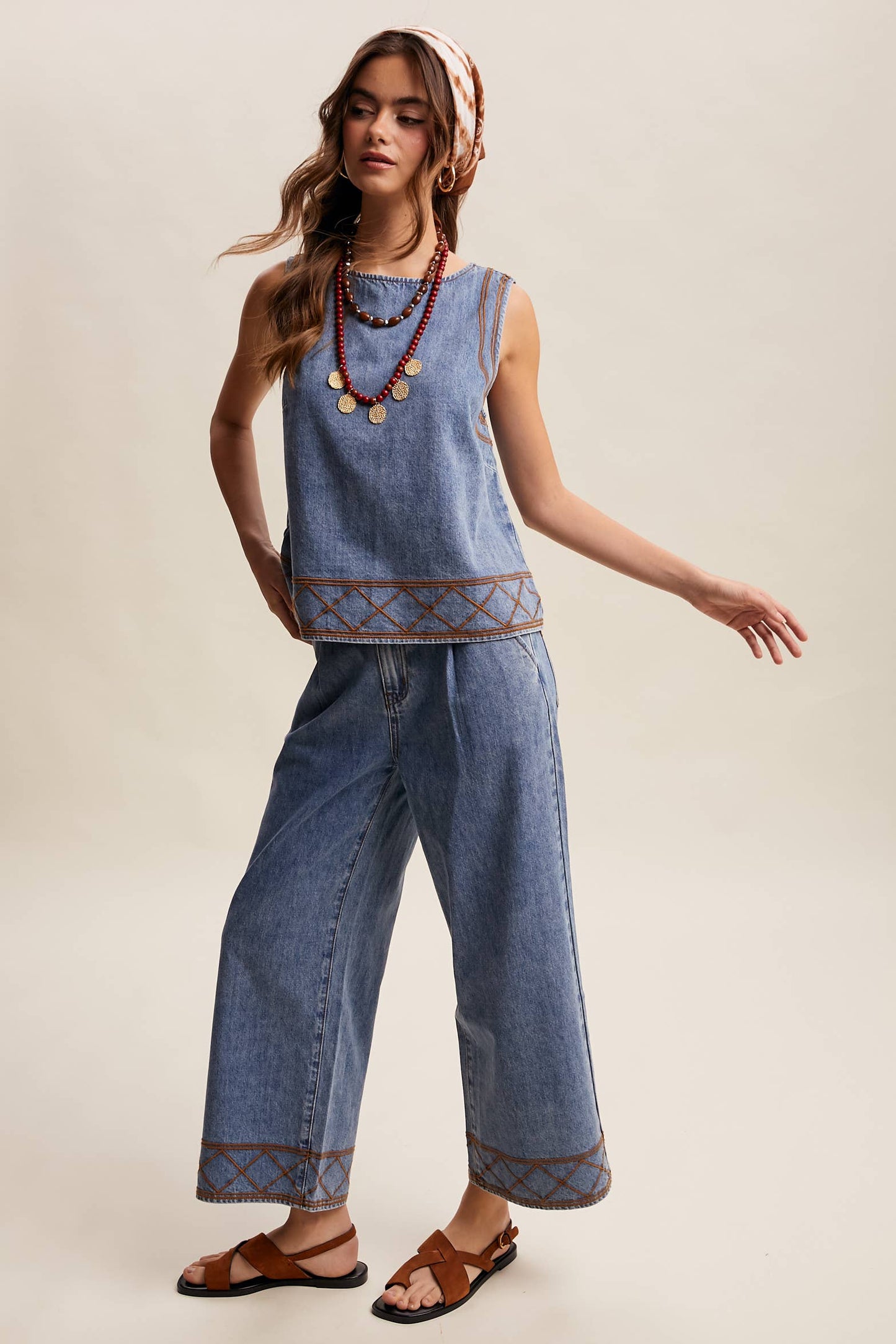 Embroidered Denim Tank & Wide-Leg Pants Set