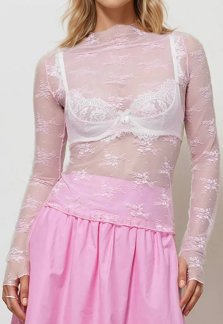 Floral Lace See Through Mesh Top Blouse