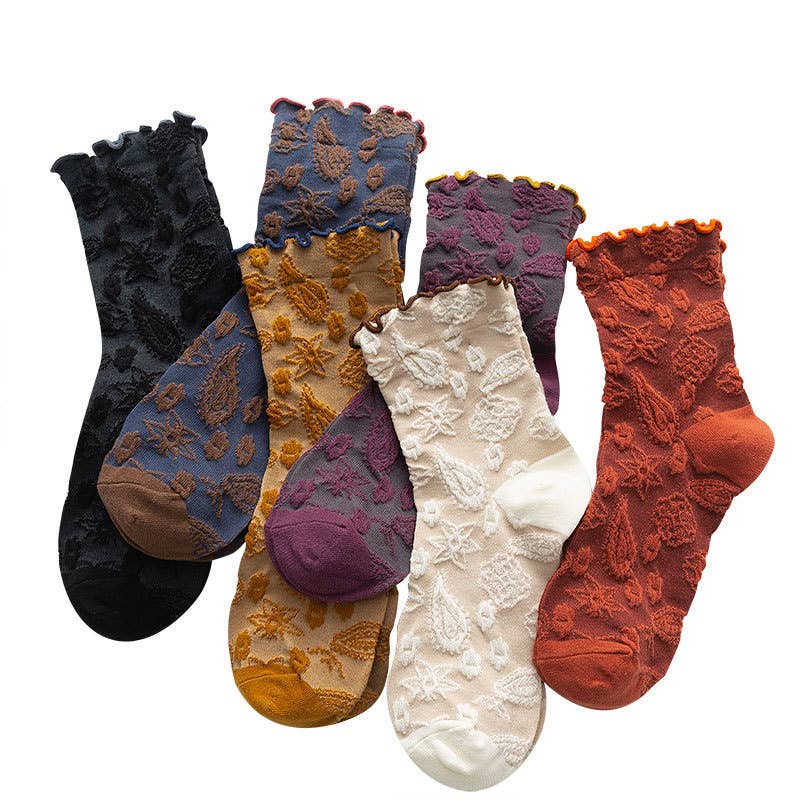 Vintage Embossed Floral Ruffle Cuff Mid Calf Socks