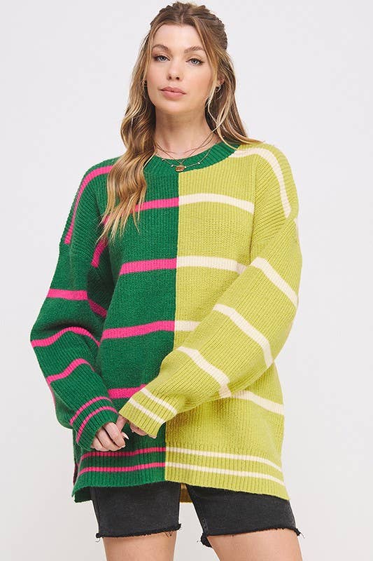 ROUND NECK STRIPED COLOR BLOCK SWEATER