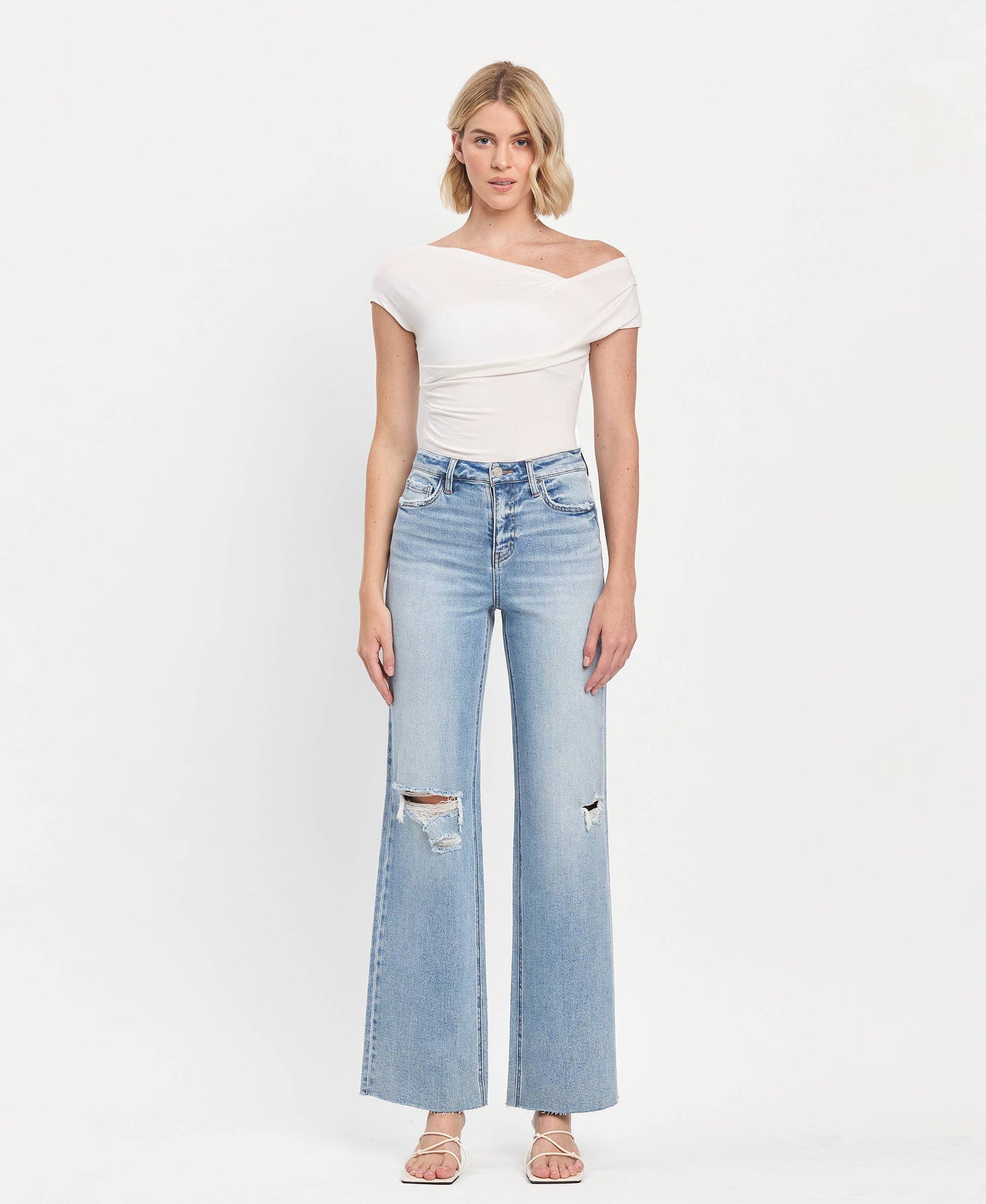 HIGH RISE CLEAN CUT RAW HEM WIDE LEG JEANS