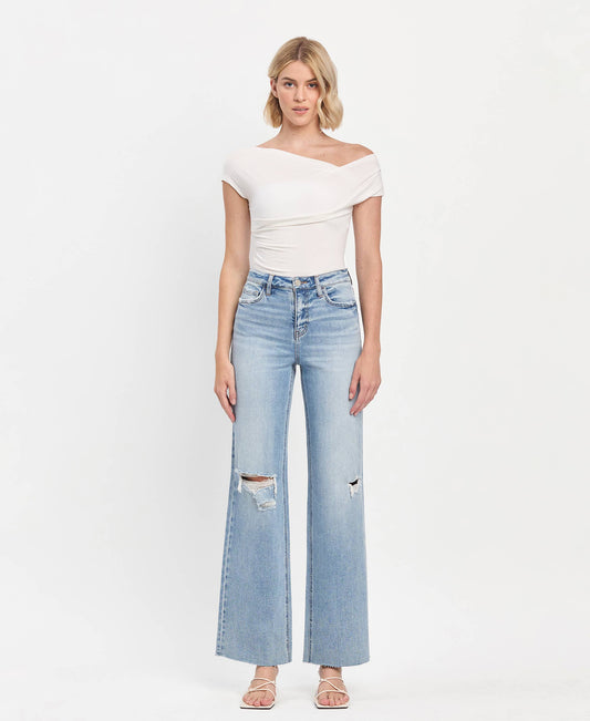 HIGH RISE CLEAN CUT RAW HEM WIDE LEG JEANS