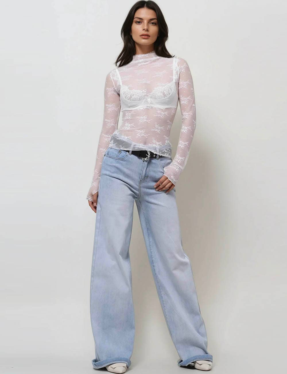 Floral Lace See Through Mesh Top Blouse