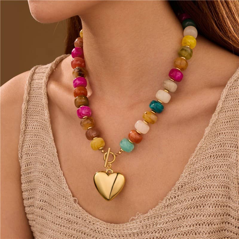 MULTI BEADED HEART CHARM  NECKLACE
