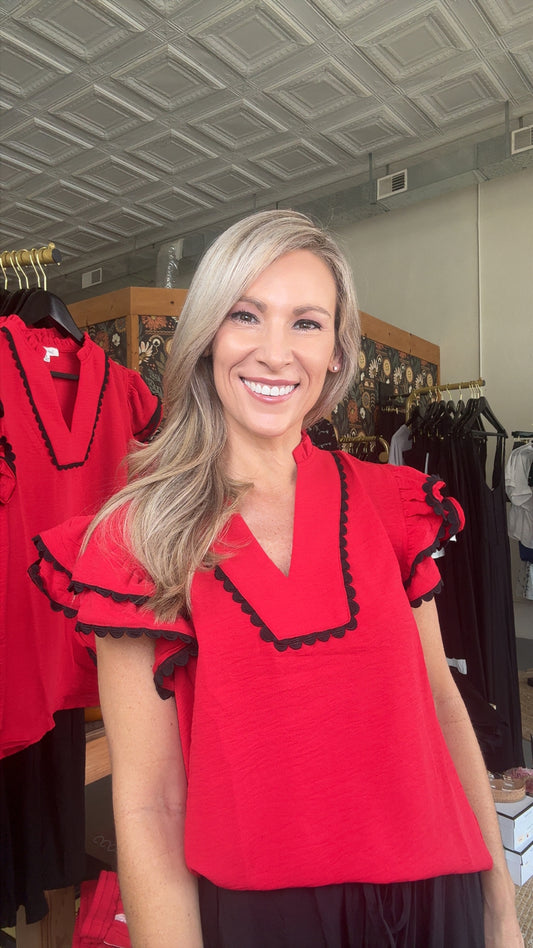 Ruffle Sleeve Scallop Trim Top