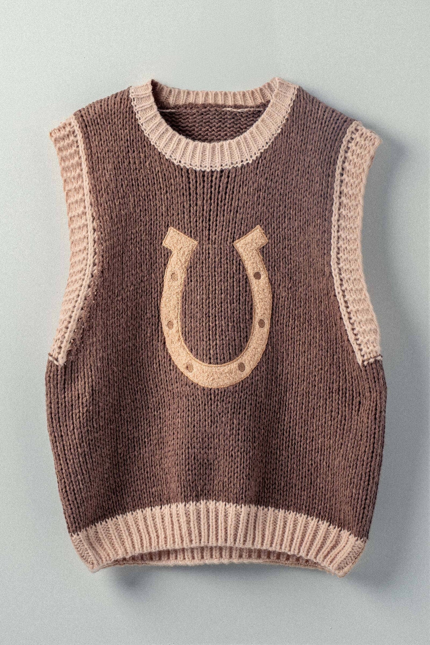 Western Horseshoe Crochet Knit Ribbed Trim Sweater Vest