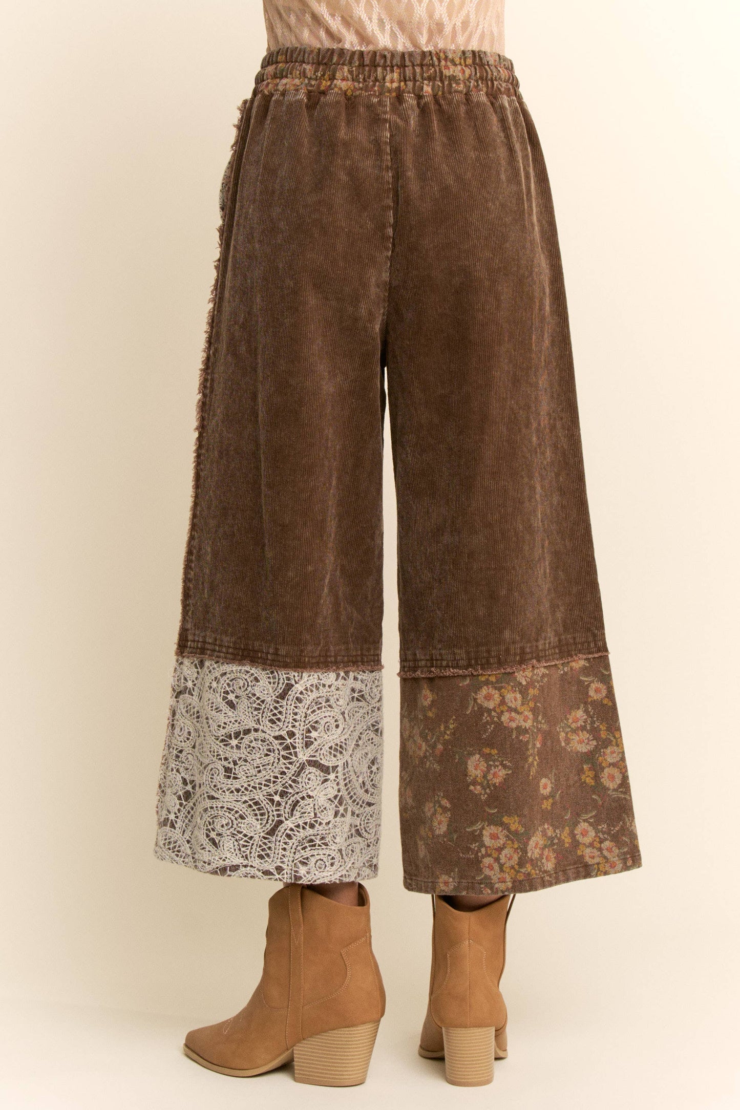 WASHED CORDUROY AND FLOWER DENIM PANTS