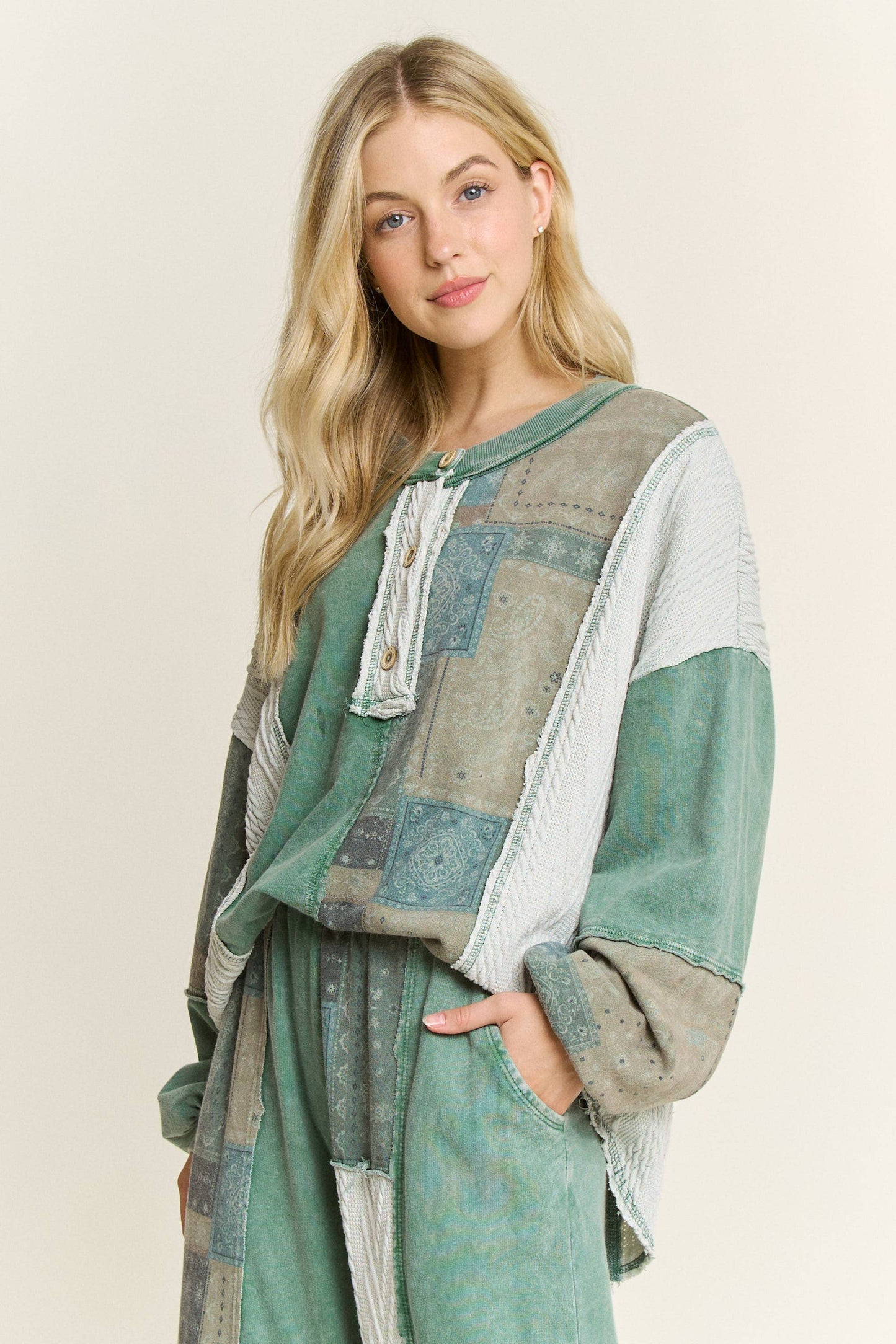 Mineral Washed Bandana Patchwork  Sweater Top