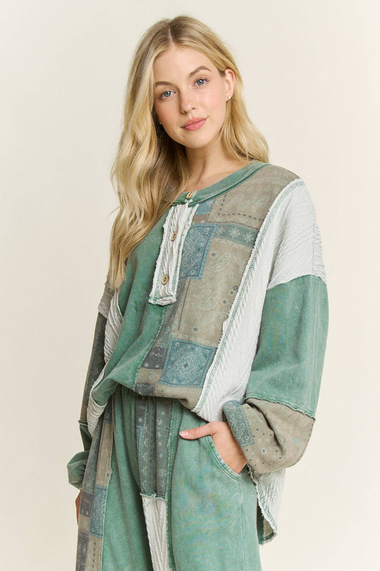 Mineral Washed Bandana Patchwork  Sweater Top