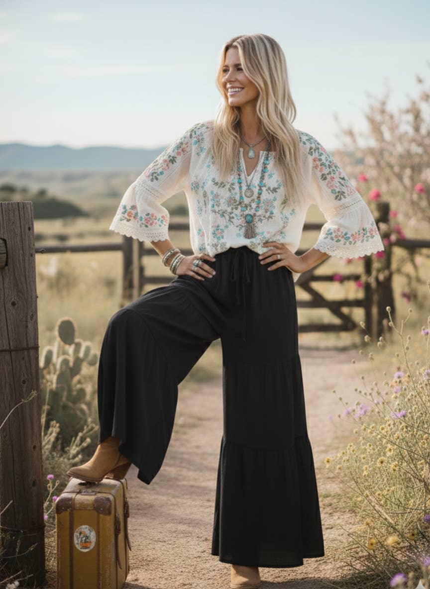 Linen Blend Tiered Wide Leg Palazzo Pants