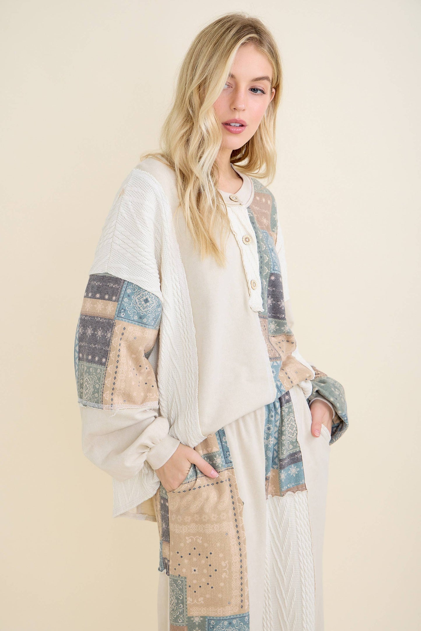 Mineral Washed Bandana Patchwork  Sweater Top