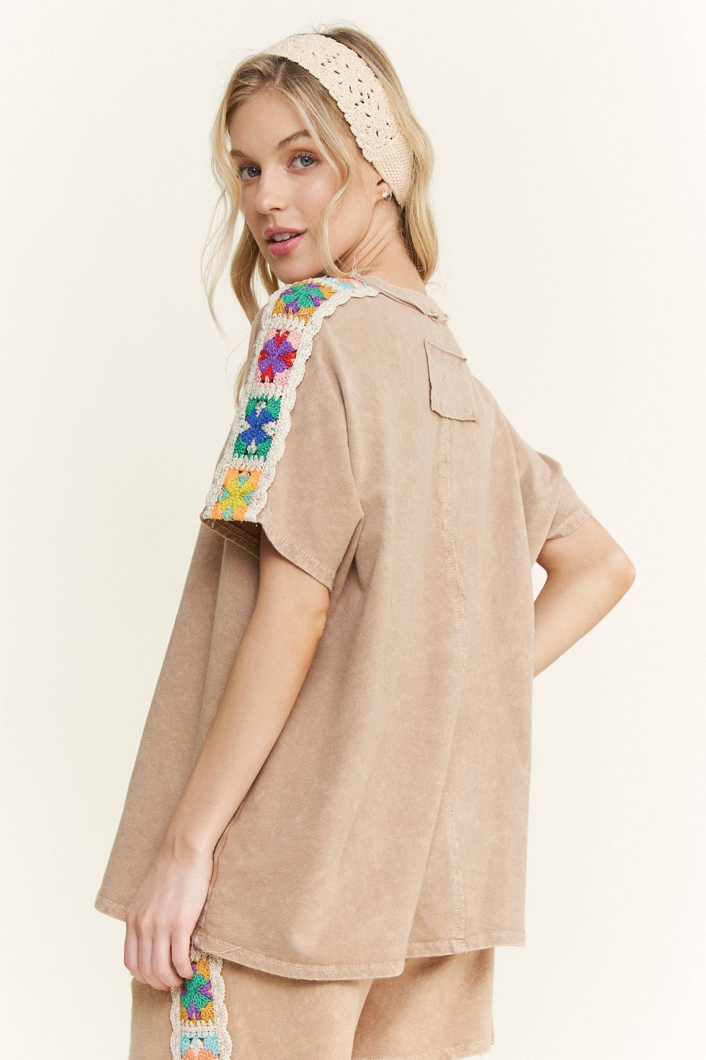 Mineral Washed Crochet Side Trim Top
