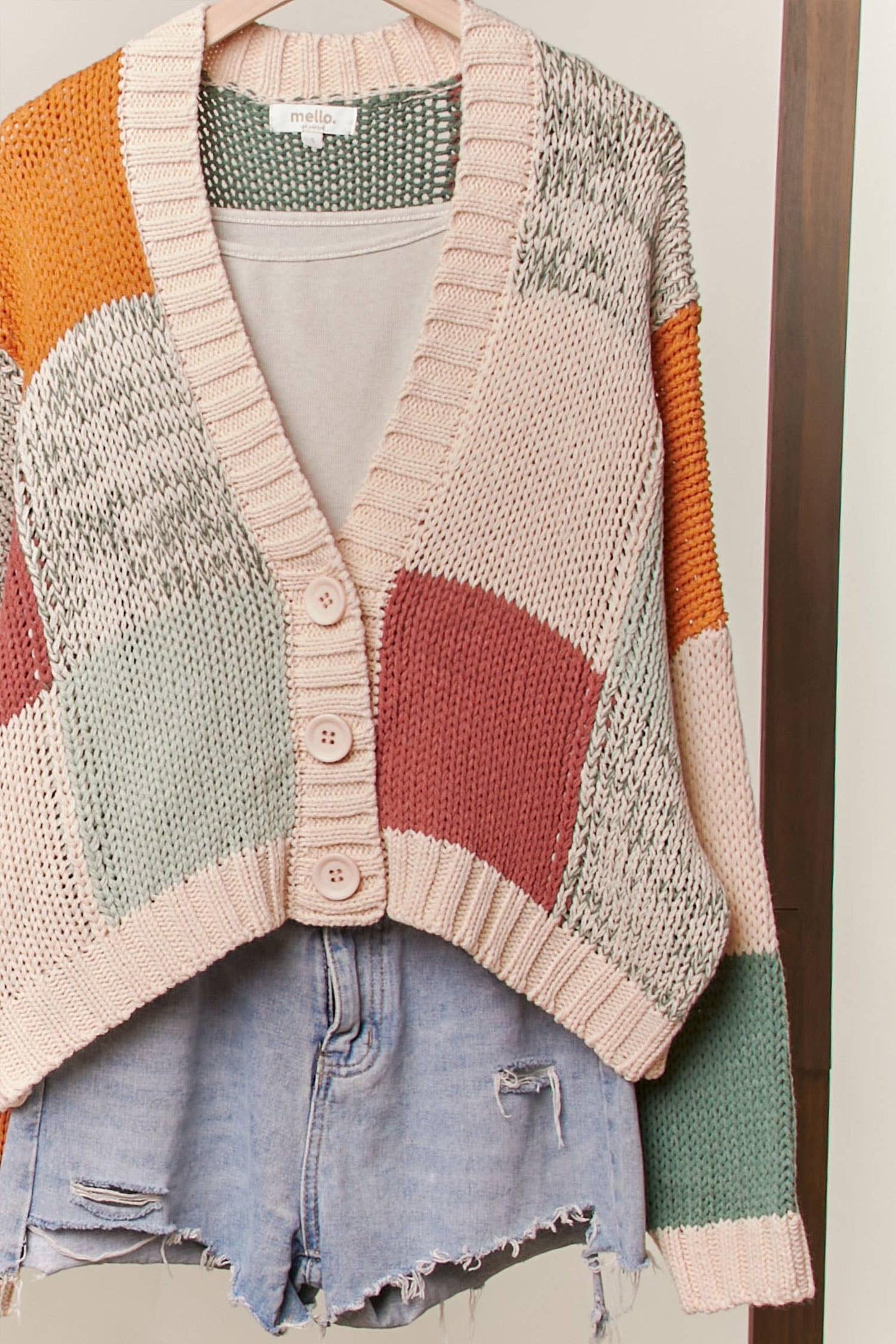Color Block Crochet V Neck Cardigan