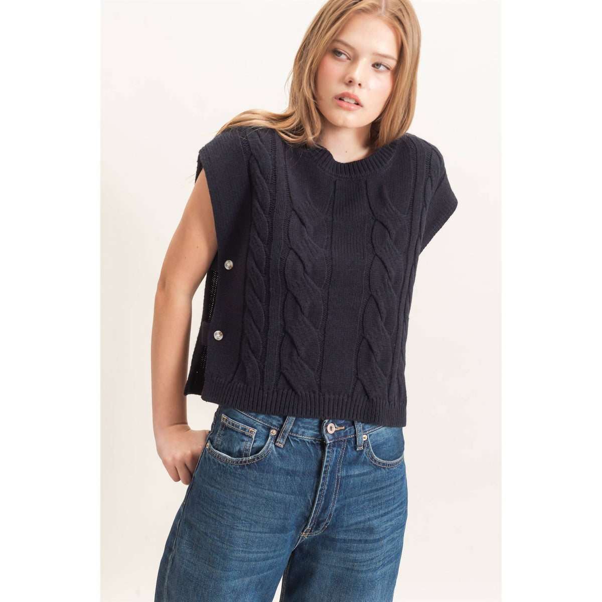 Cable Knit Vest With Side Buttons