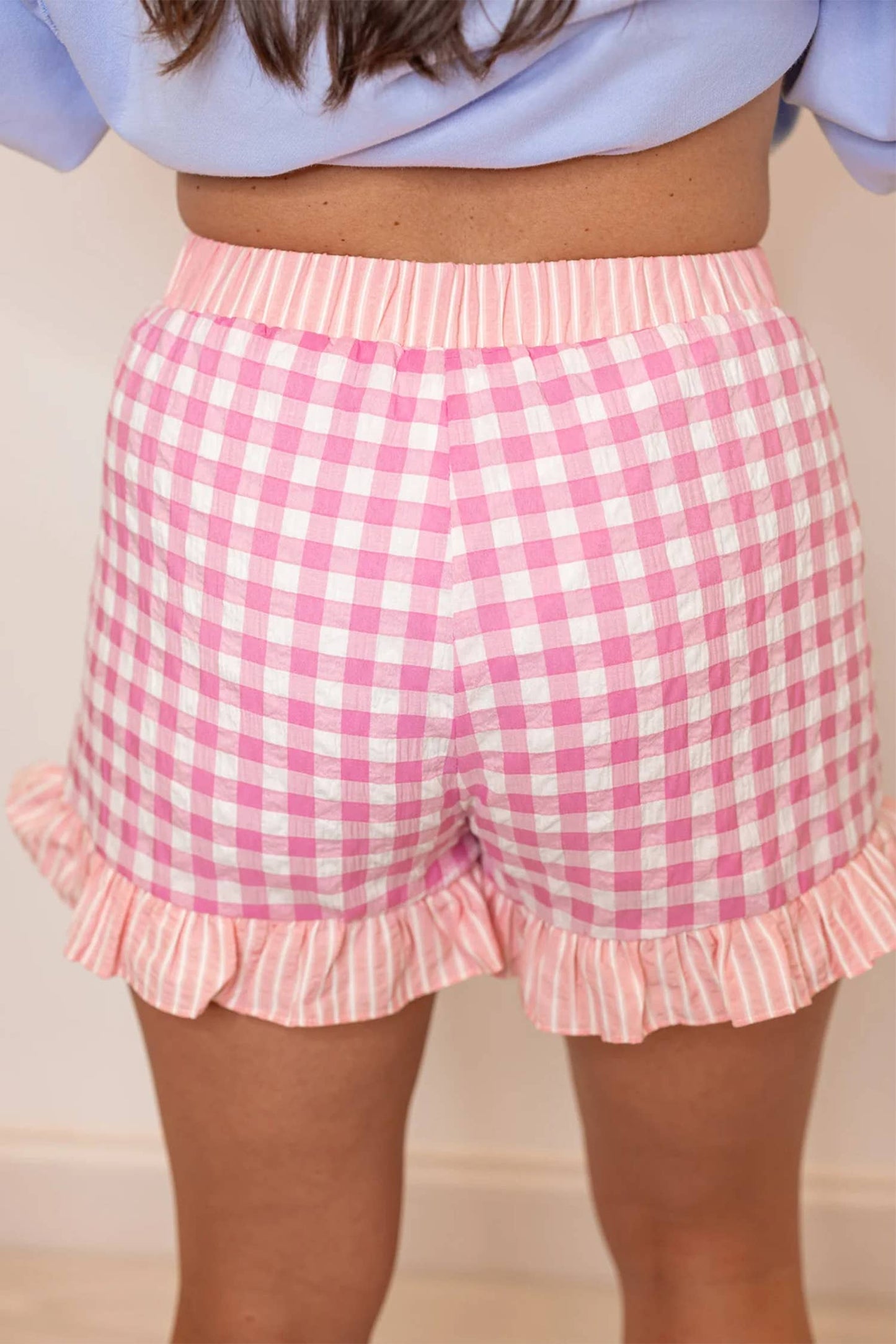 Pink Gingham Print Ruffled Shorts