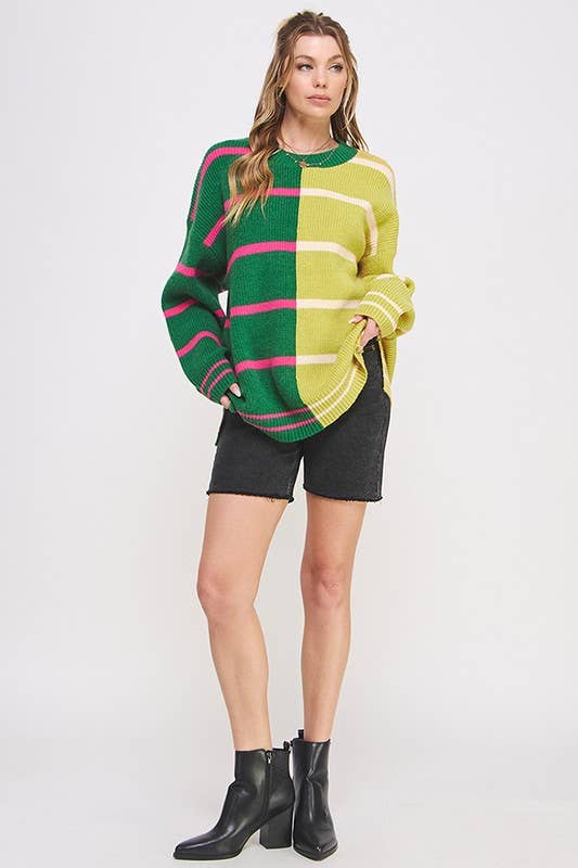 ROUND NECK STRIPED COLOR BLOCK SWEATER