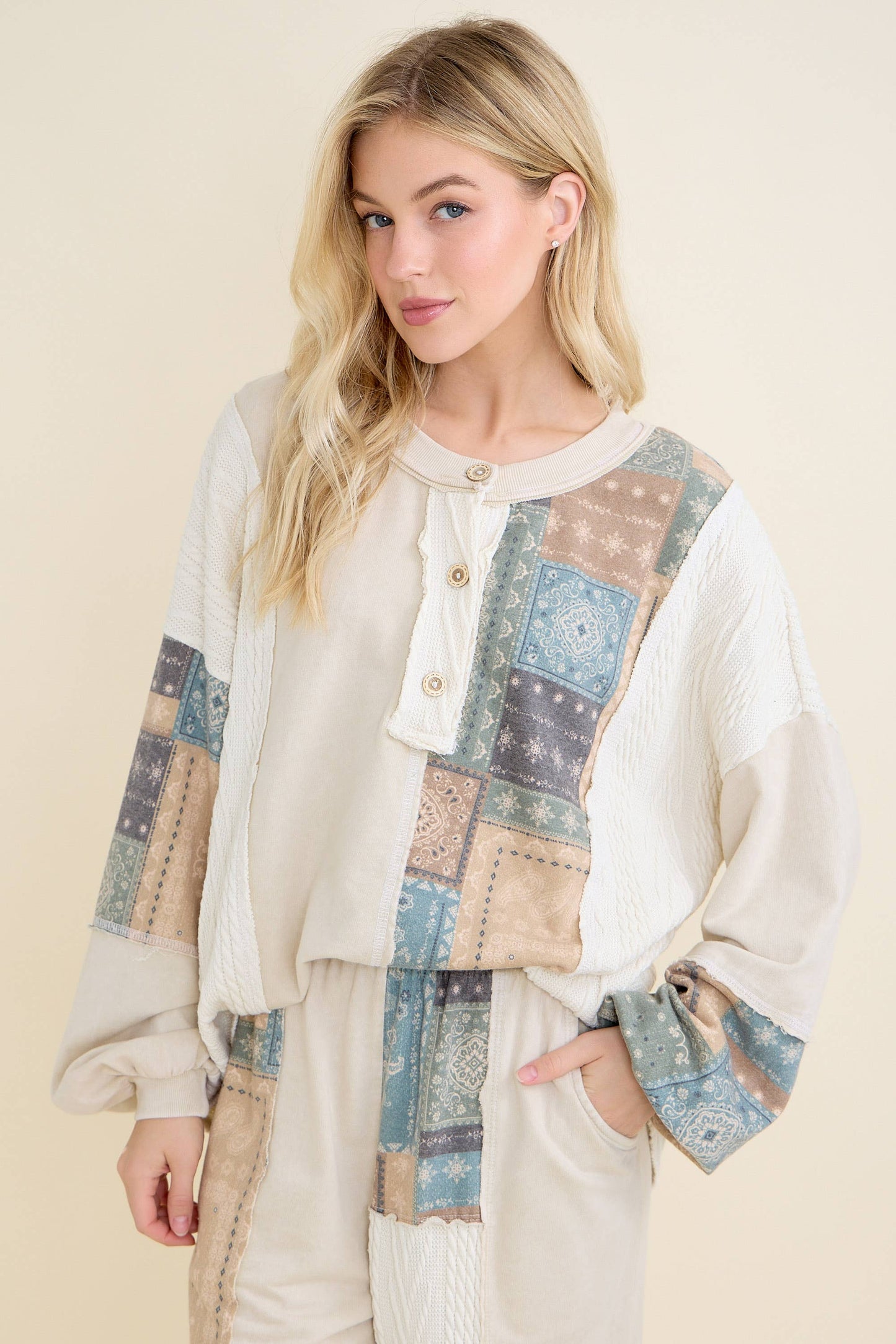 Mineral Washed Bandana Patchwork  Sweater Top