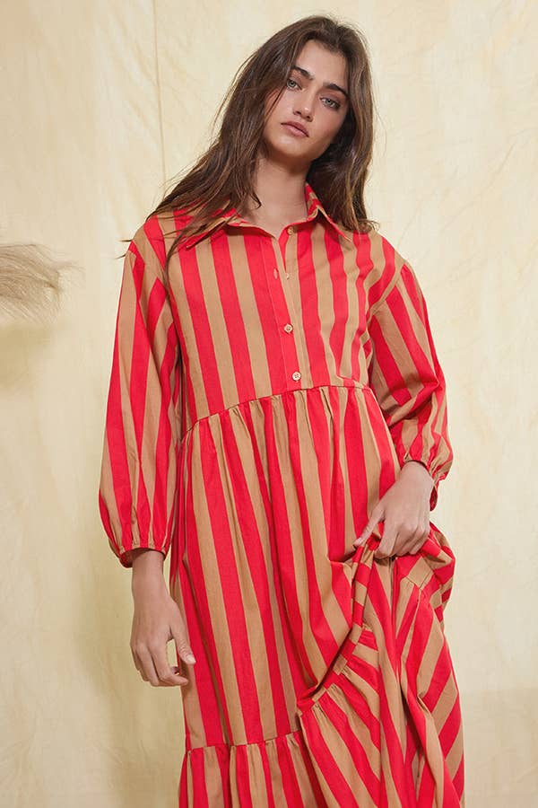 Striped Print Tiered Midi Shirt Dress