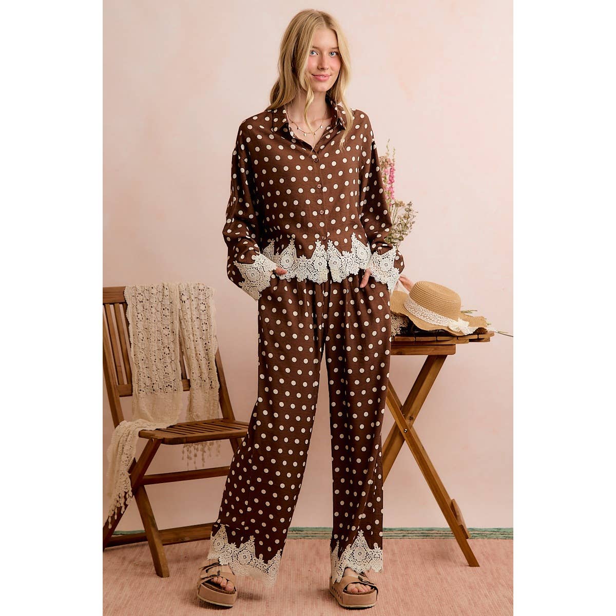 POLKA DOT WOVEN CROCHET LACE PANTS SET