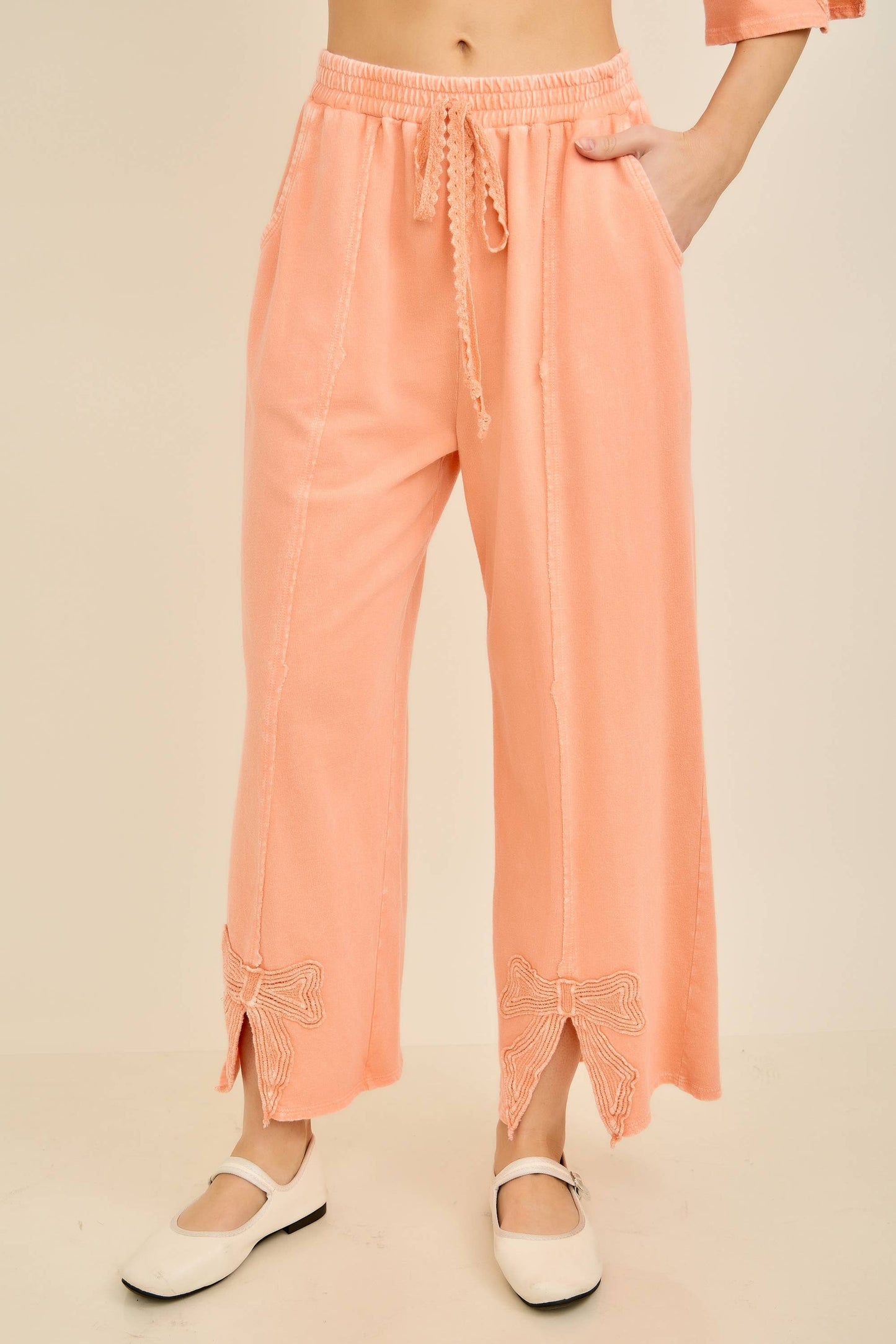 Mineral Washed Cute Bow trim Slit Pants