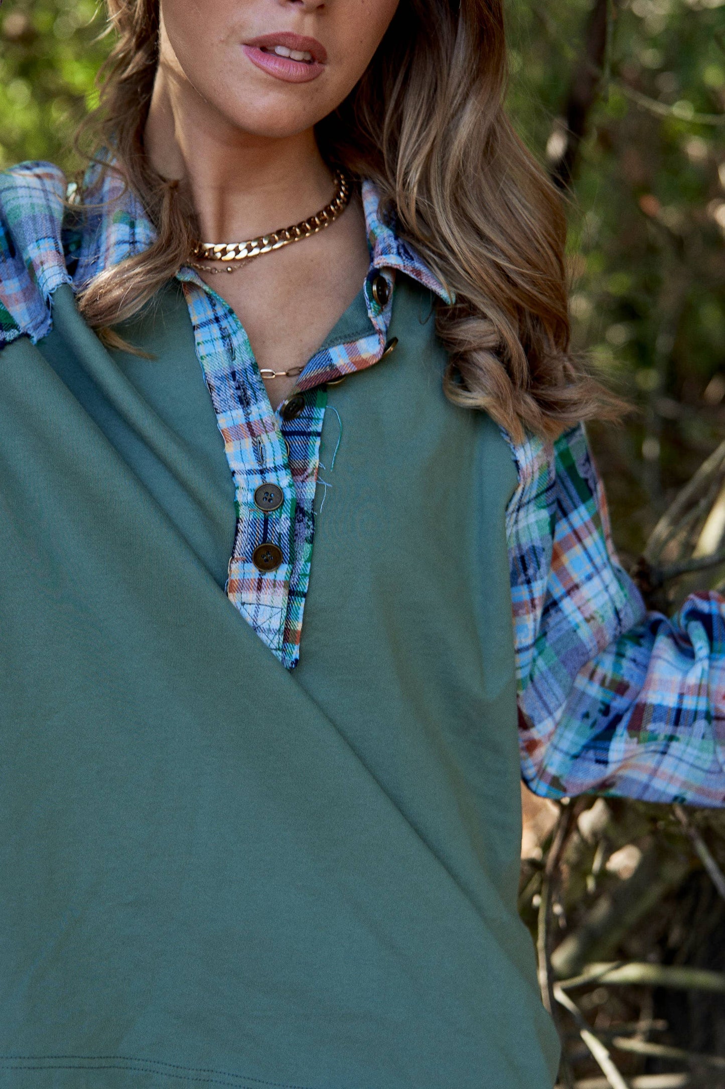 Plaid Contrast Button Down Henley Top