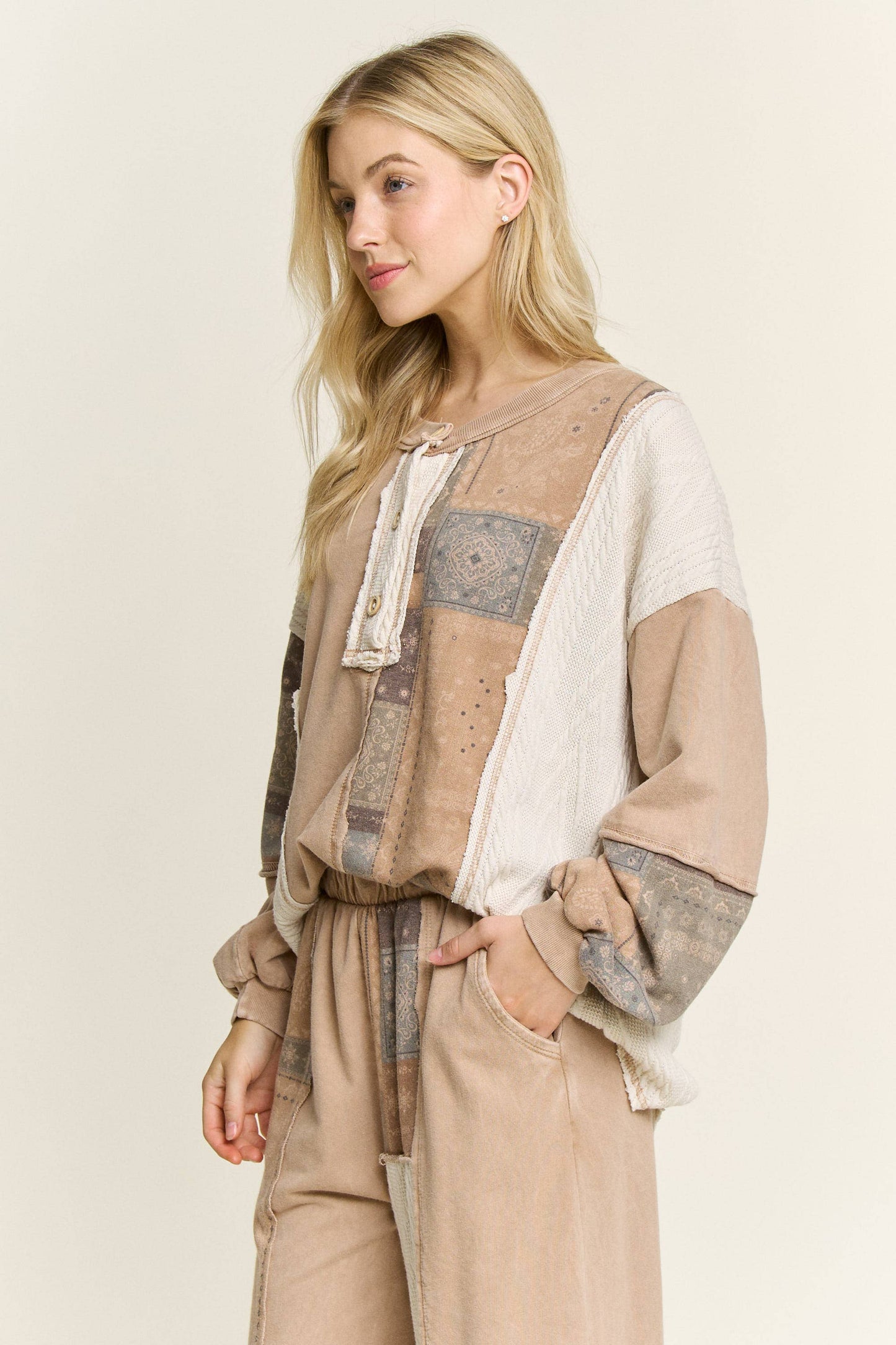 Mineral Washed Bandana Patchwork  Sweater Top