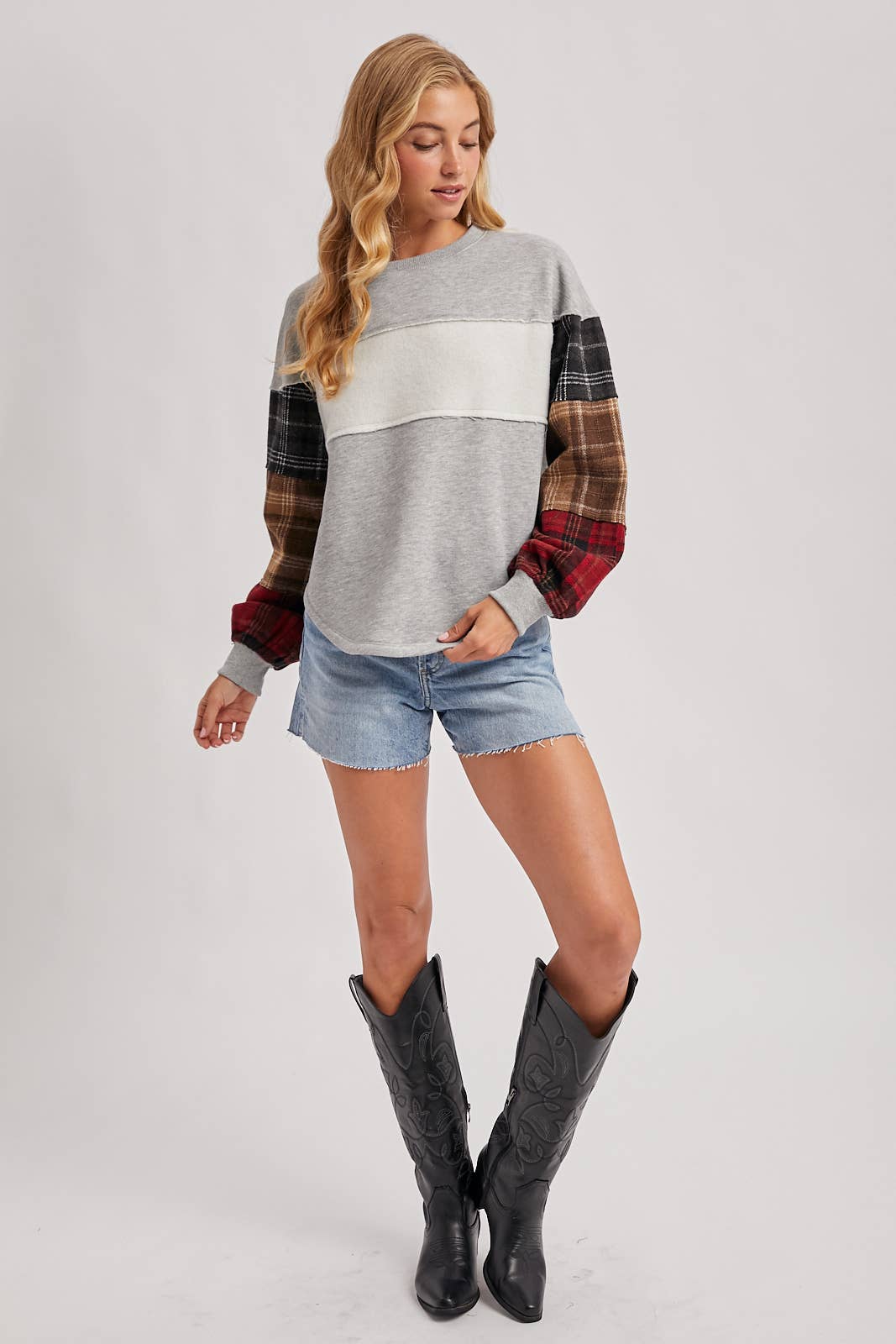 COLOR BLOCK PLAID FLANNEL PATCHED SWEATER
