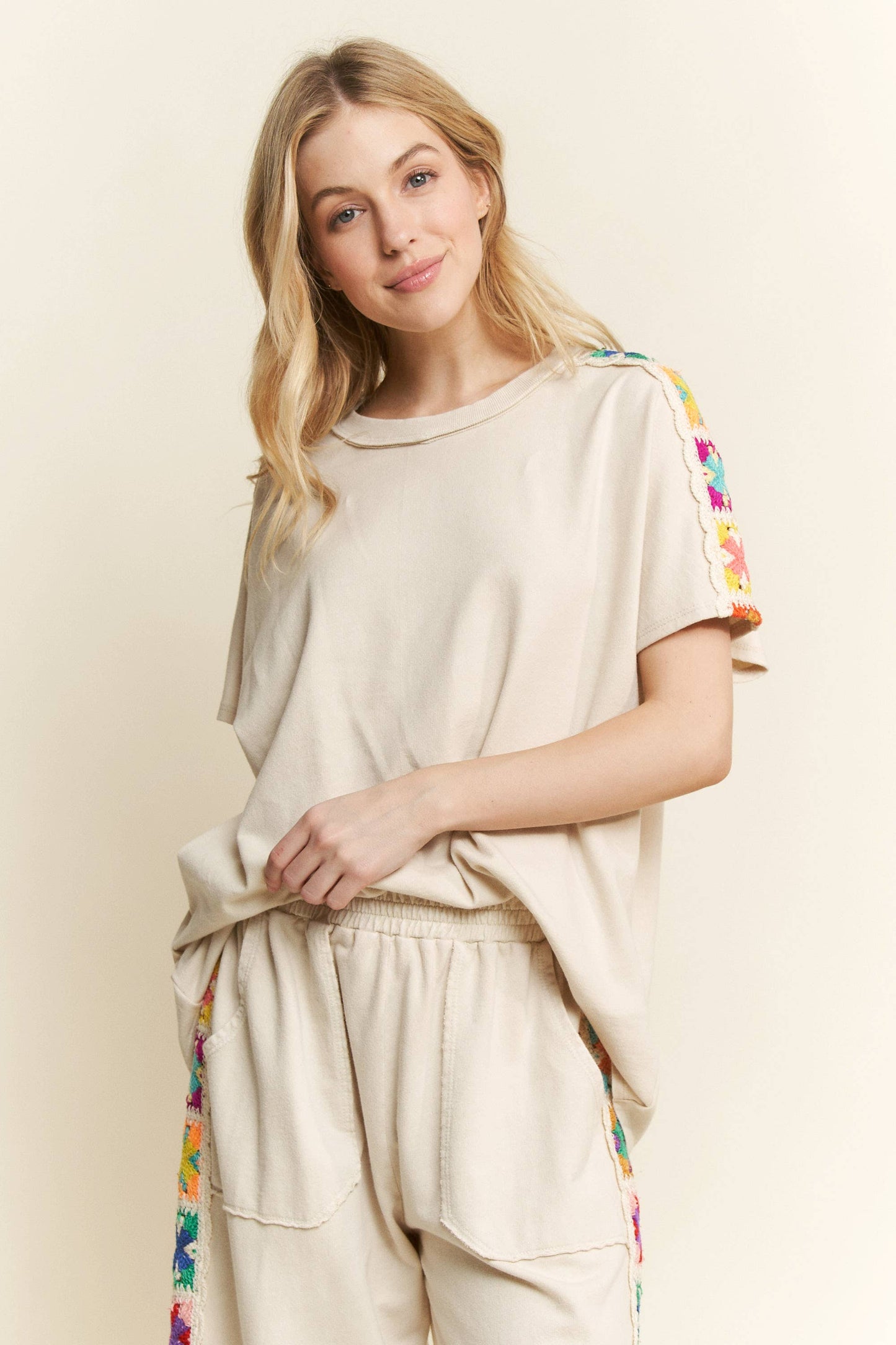 Mineral Washed Crochet Side Trim Top