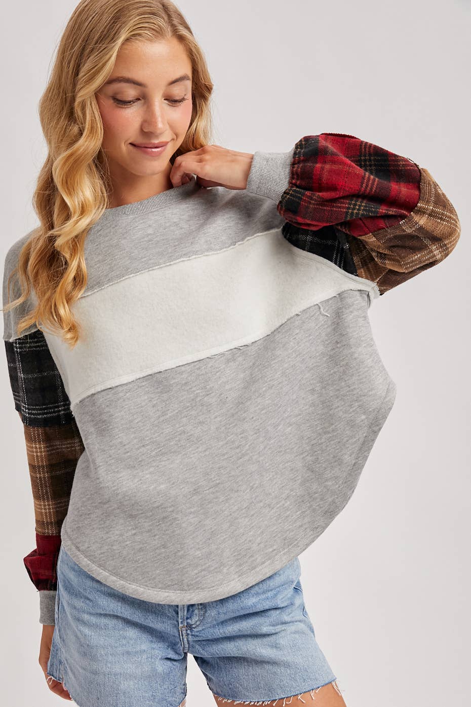 COLOR BLOCK PLAID FLANNEL PATCHED SWEATER