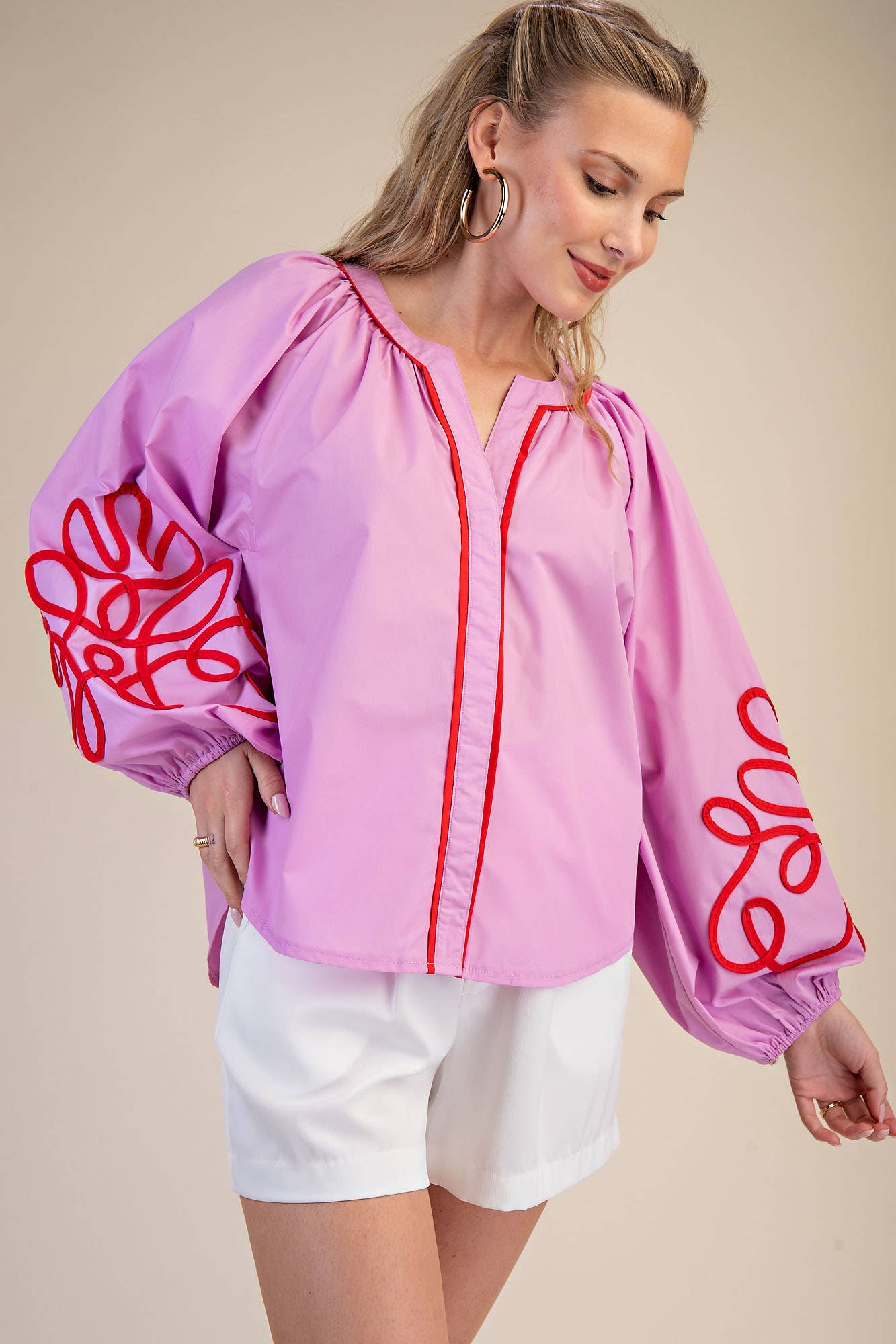 Soutache Contrast Detail Puff Sleeve Blouse