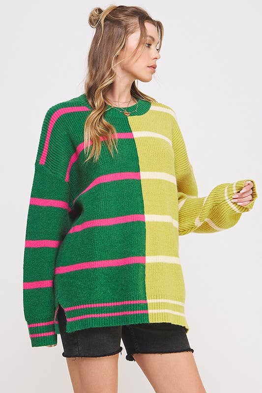 ROUND NECK STRIPED COLOR BLOCK SWEATER