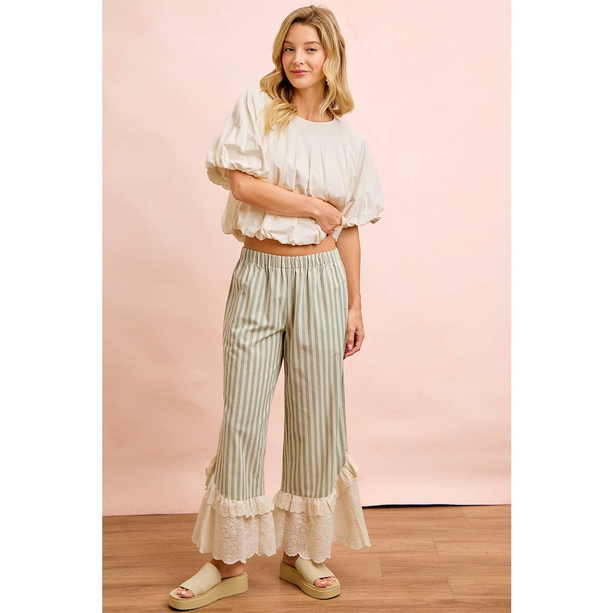 STRIPE WOVEN RUFFLED LACE HEM PANTS WITH SIDE POCKET